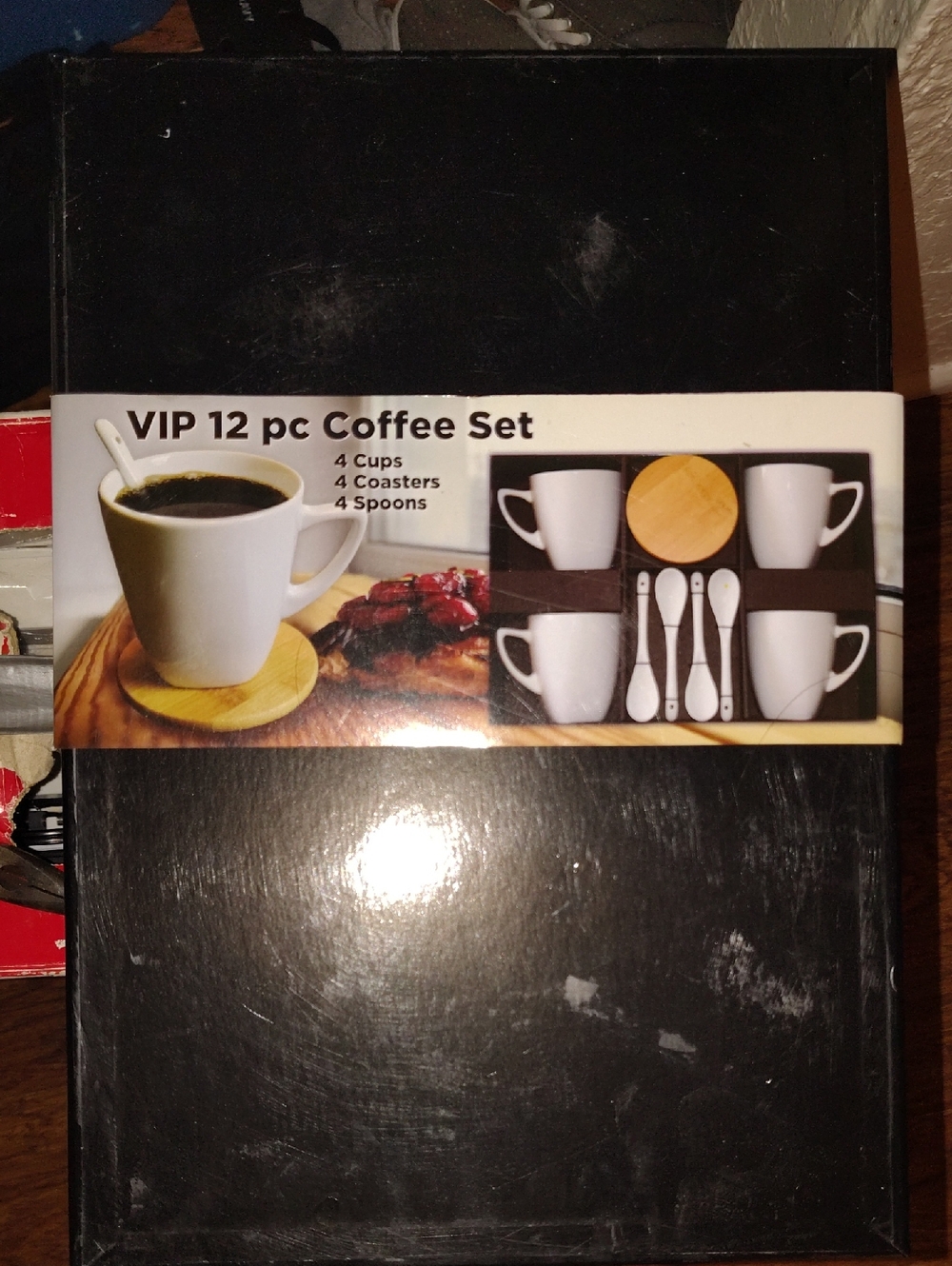 VIP White 12-Piece Coffee Set with Wooden Coasters